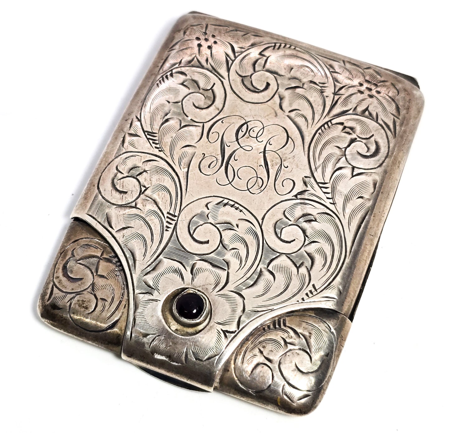 Victorian etched flower hinged antique sterling silver match card safe red button