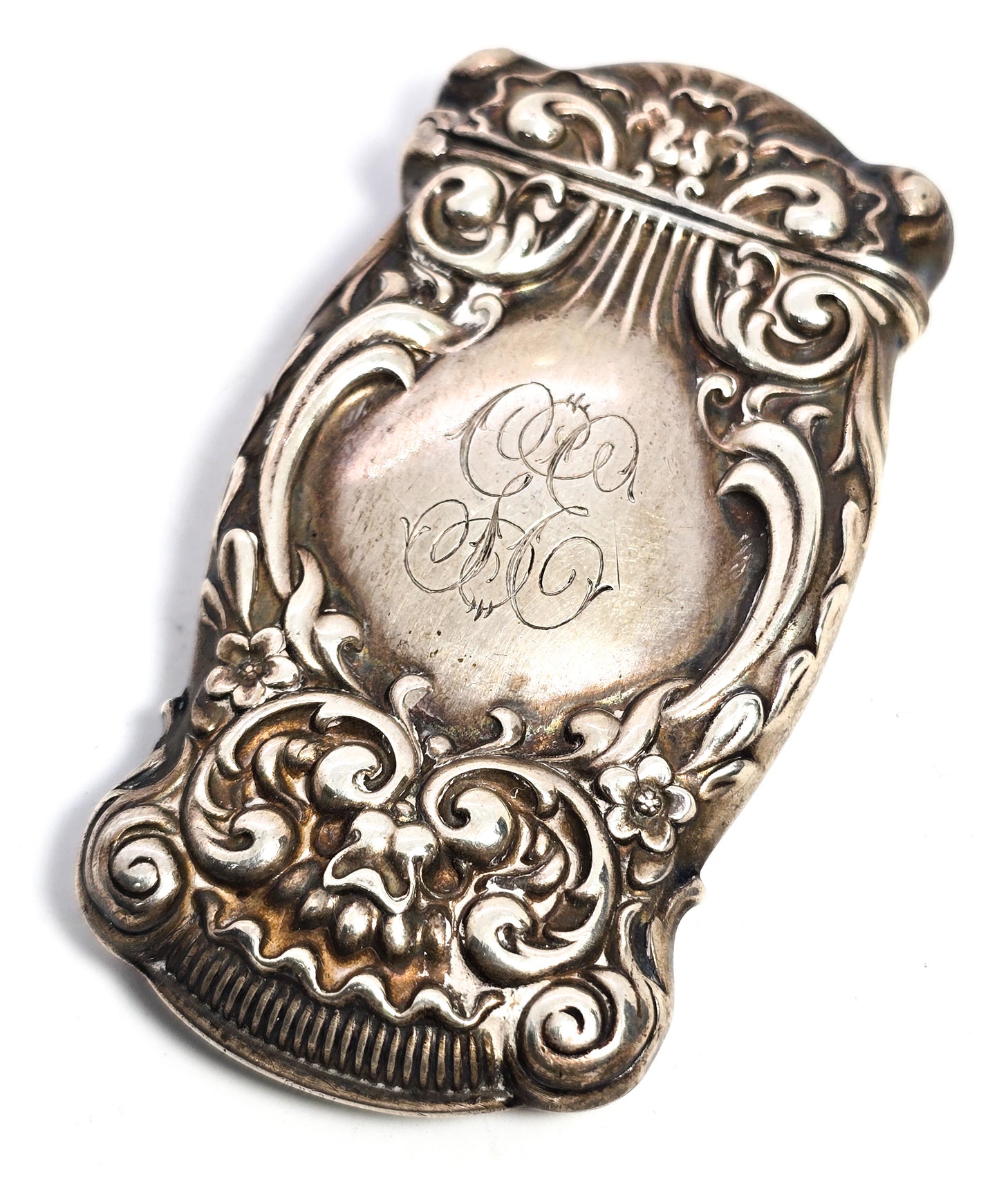 Victorian reposse flower hinged antique sterling silver match safe vesta 4293