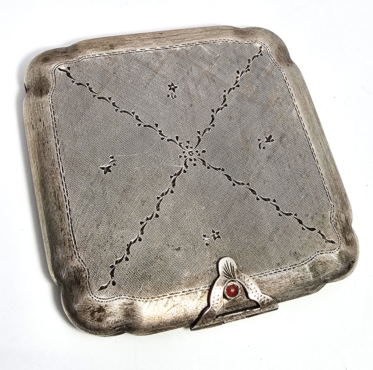 Art Deco etched hinged antique 800 sterling silver mirror powder compact vanity