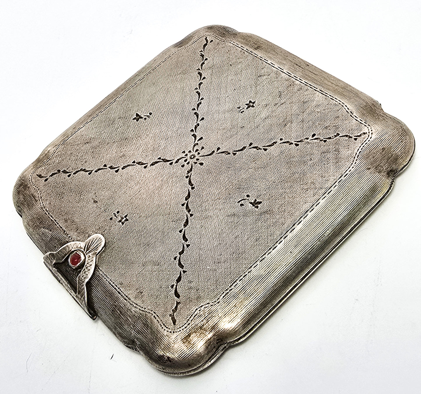 Art Deco etched hinged antique 800 sterling silver mirror powder compact vanity