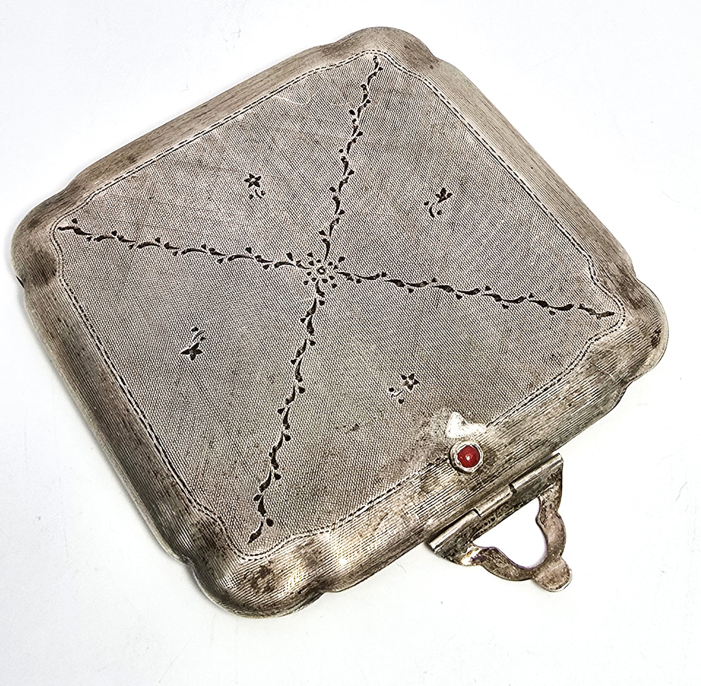 Art Deco etched hinged antique 800 sterling silver mirror powder compact vanity