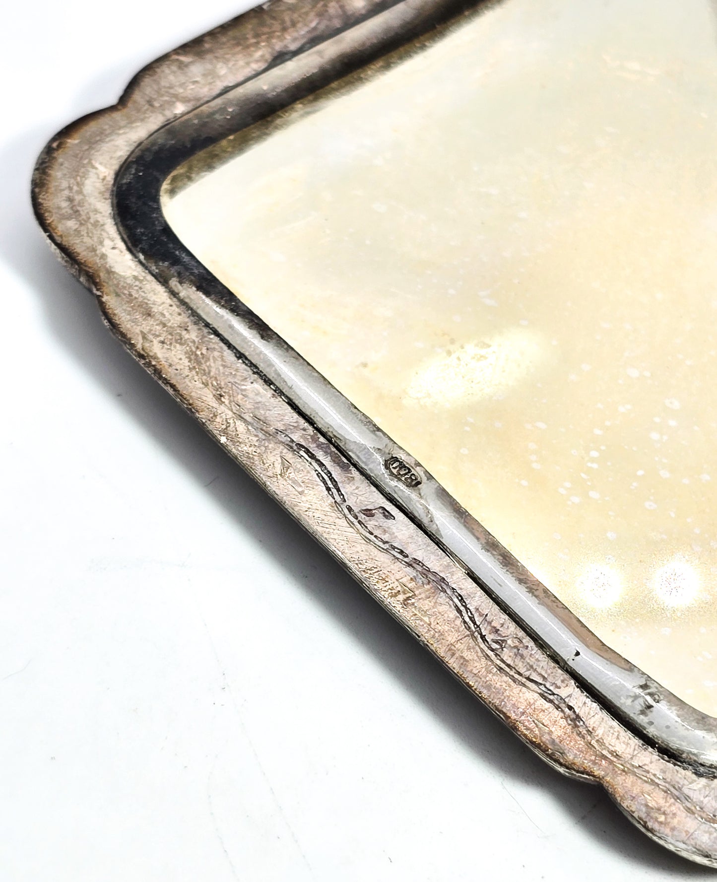 Art Deco etched hinged antique 800 sterling silver mirror powder compact vanity
