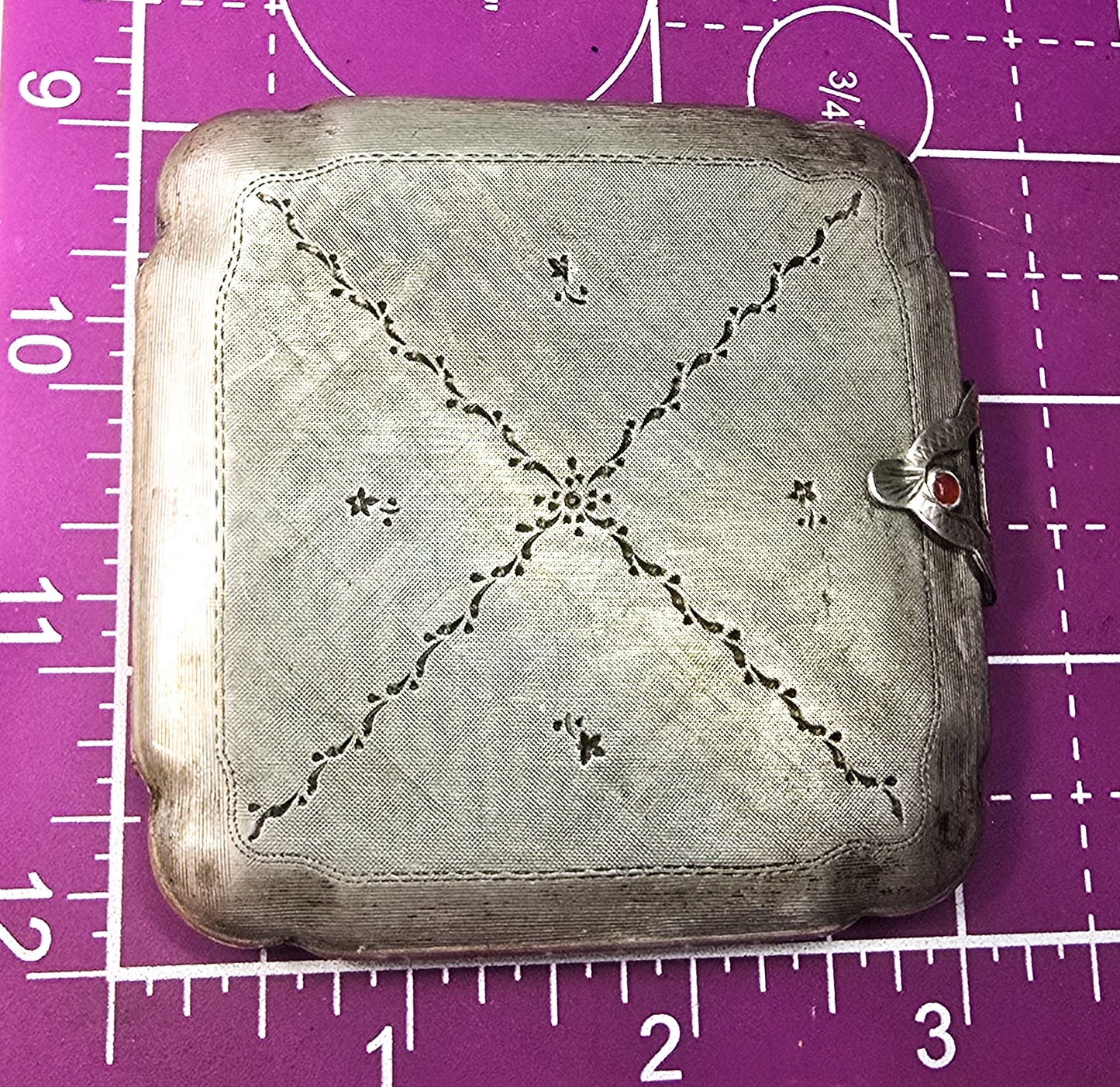Art Deco etched hinged antique 800 sterling silver mirror powder compact vanity