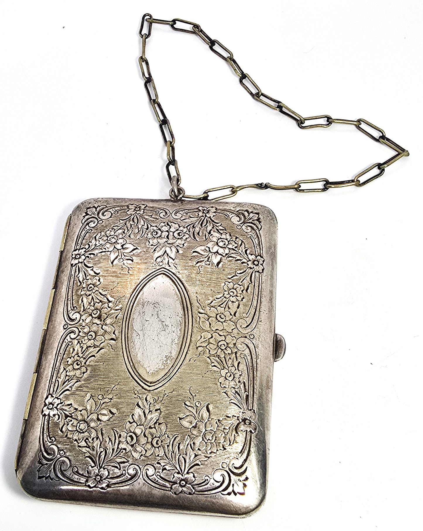 Victorian Antique German Silver Compact Coin and Dance floral etched Purse