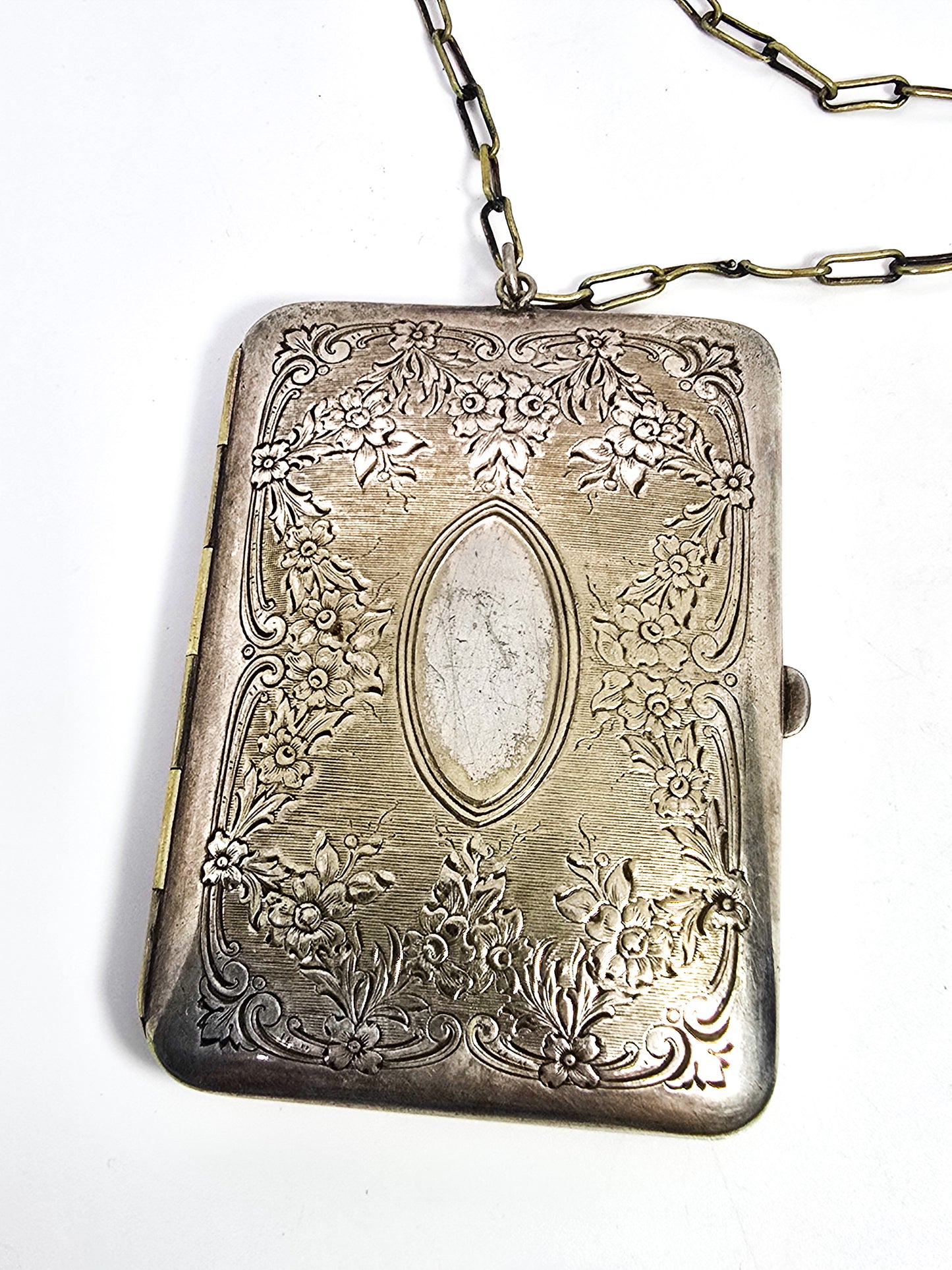 Victorian Antique German Silver Compact Coin and Dance floral etched Purse