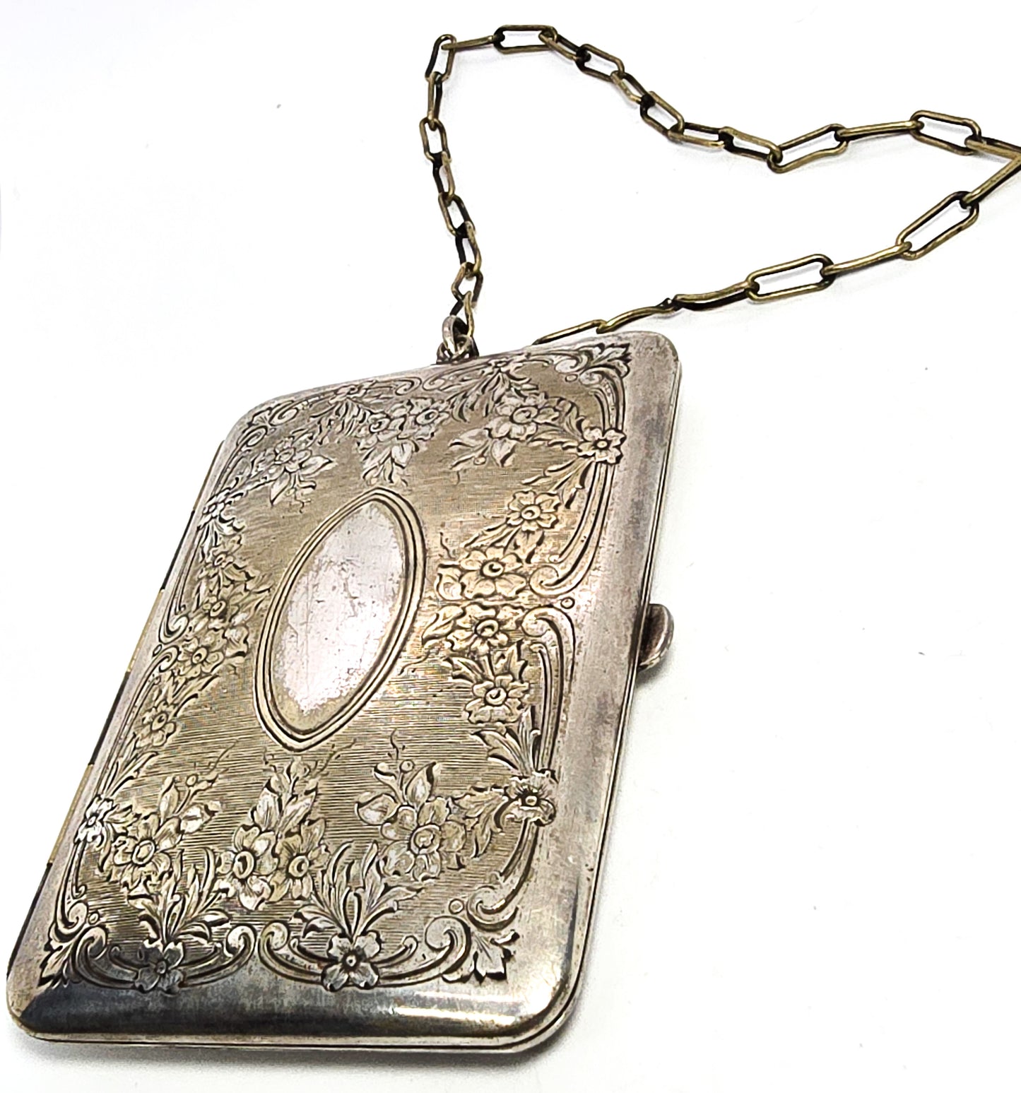 Victorian Antique German Silver Compact Coin and Dance floral etched Purse