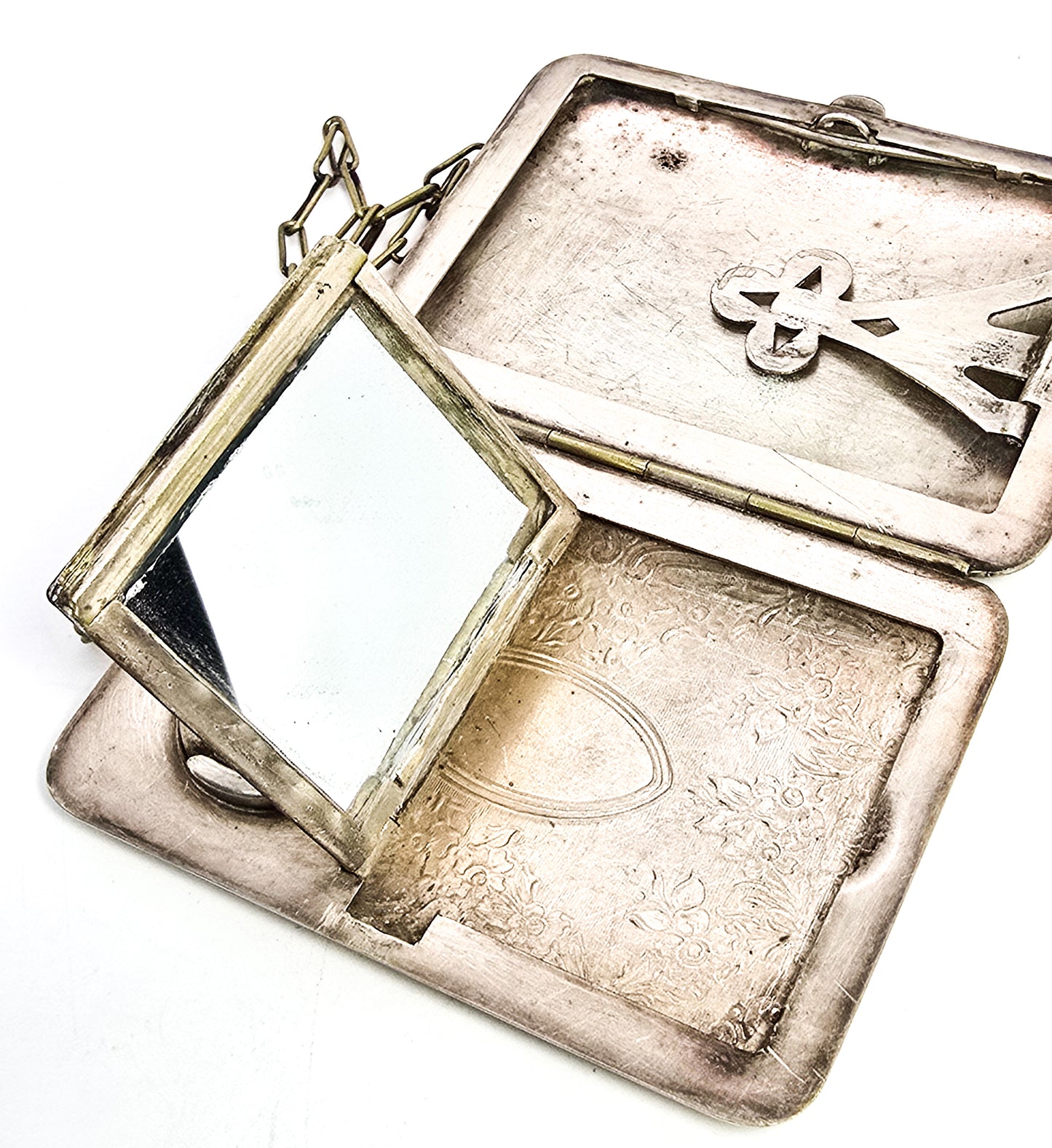 Victorian Antique German Silver Compact Coin and Dance floral etched Purse