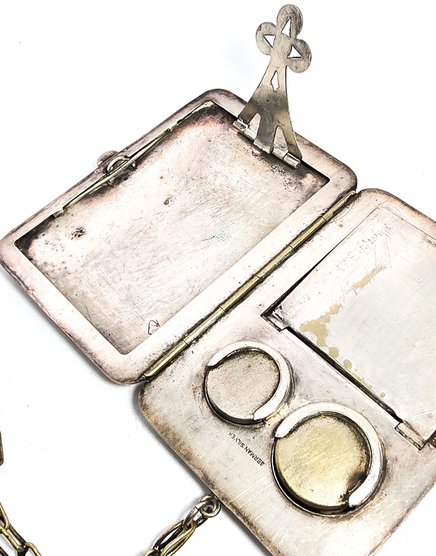 Victorian Antique German Silver Compact Coin and Dance floral etched Purse