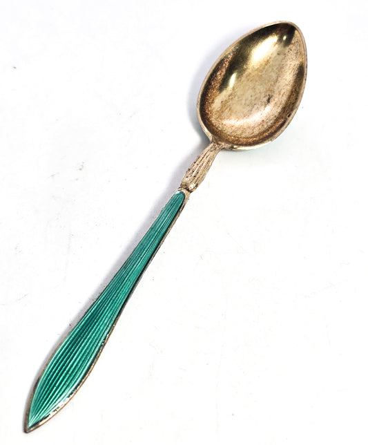 David Andersen Oslo Sterling Silver Norway signed Guilloche Enamel Spoon Green