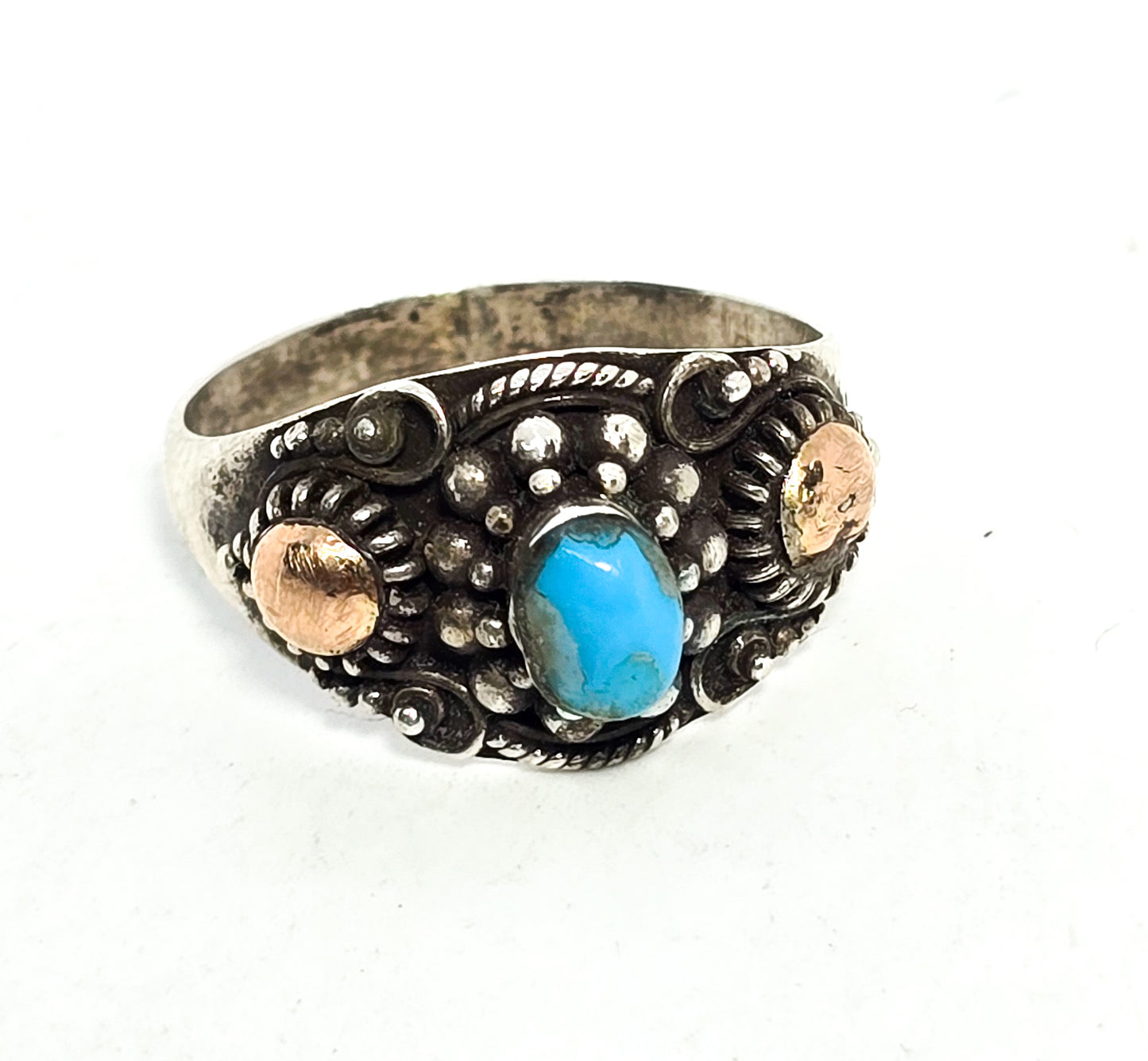 Blue turquoise Rose Gold Plated Balinese style sterling silver vintage ring size 9