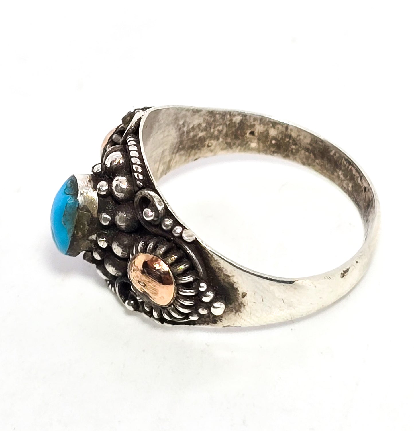 Blue turquoise Rose Gold Plated Balinese style sterling silver vintage ring size 9