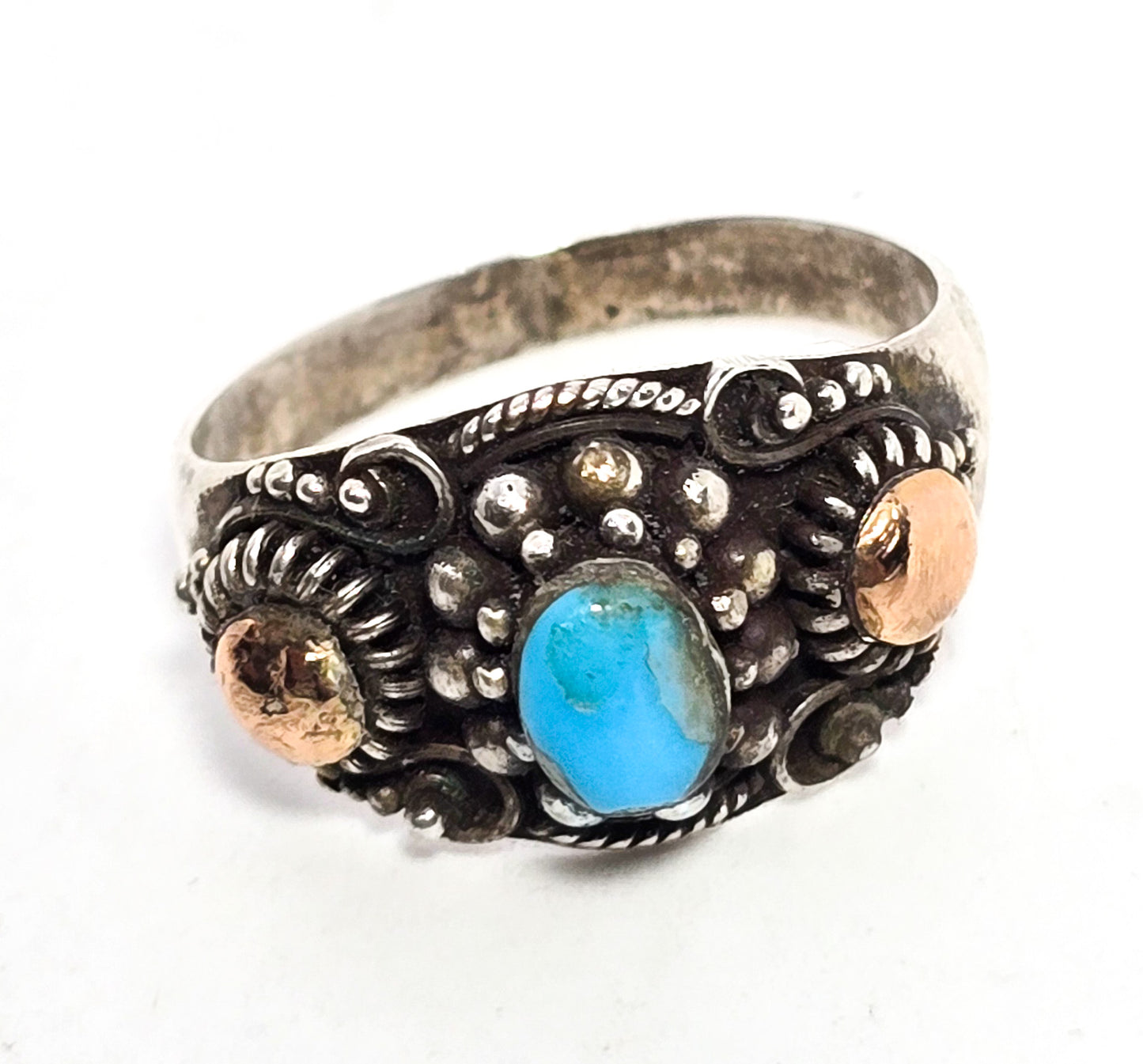 Blue turquoise Rose Gold Plated Balinese style sterling silver vintage ring size 9