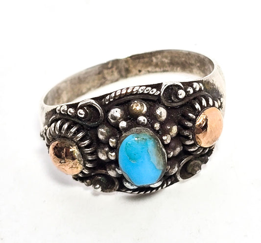 Blue turquoise Rose Gold Plated Balinese style sterling silver vintage ring size 9