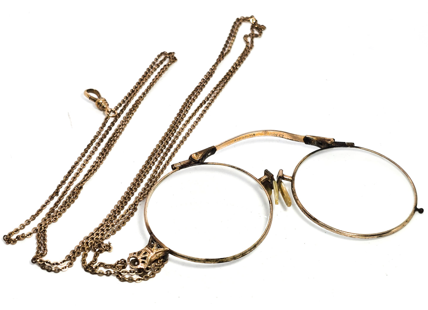 Suzy Lemay Pince-nez Victorian 1800's glasses 12k gold filled with fob chain