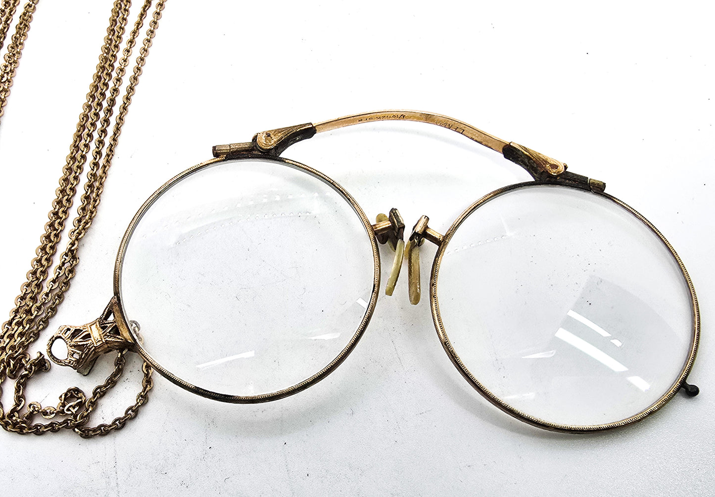 Suzy Lemay Pince-nez Victorian 1800's glasses 12k gold filled with fob chain