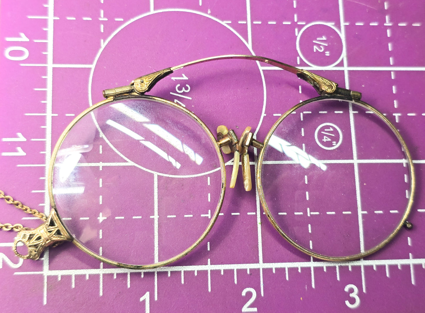 Suzy Lemay Pince-nez Victorian 1800's glasses 12k gold filled with fob chain