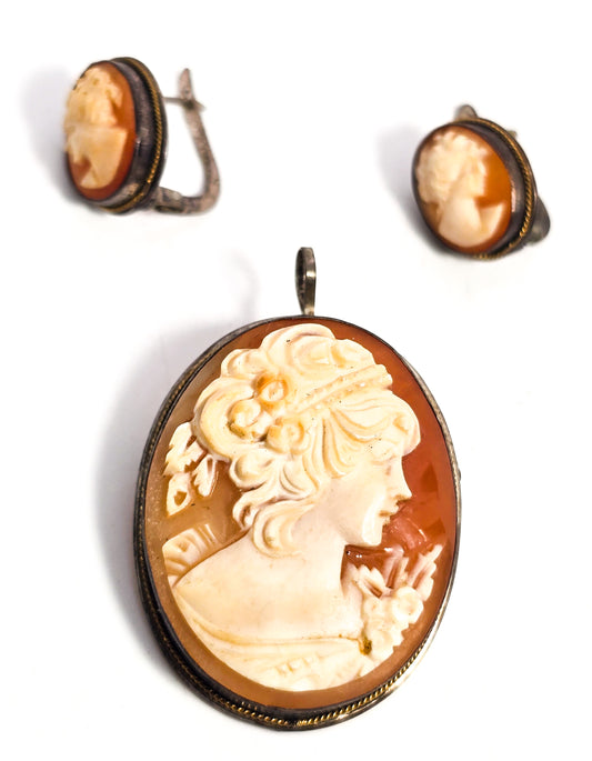 Italian Cameo Carved shell antique sterling silver lever back earrings and pendant brooch