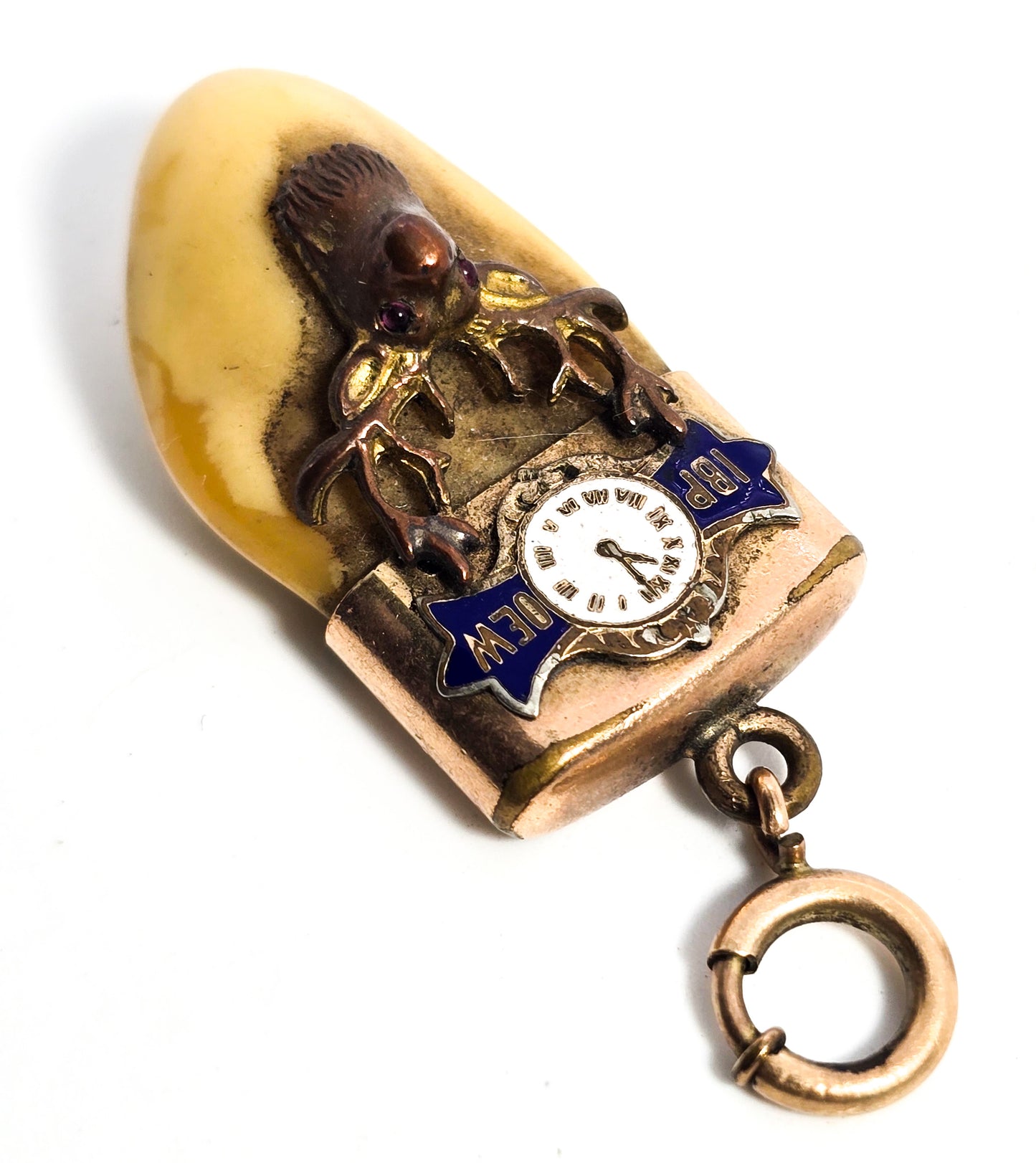 Victorian Elks Lodge Elk Tooth Gold filled enamel antique watch fob charm pendant