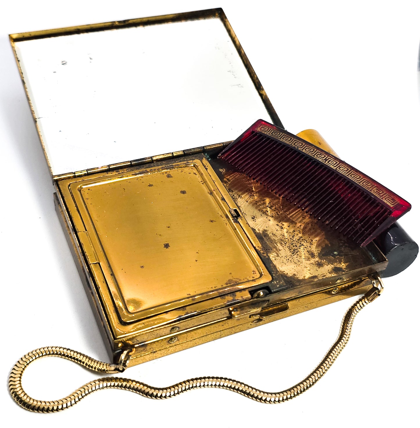 Gold toned Metal Makeup Compact, Cigarette Case, Lipstick Holder, Purse