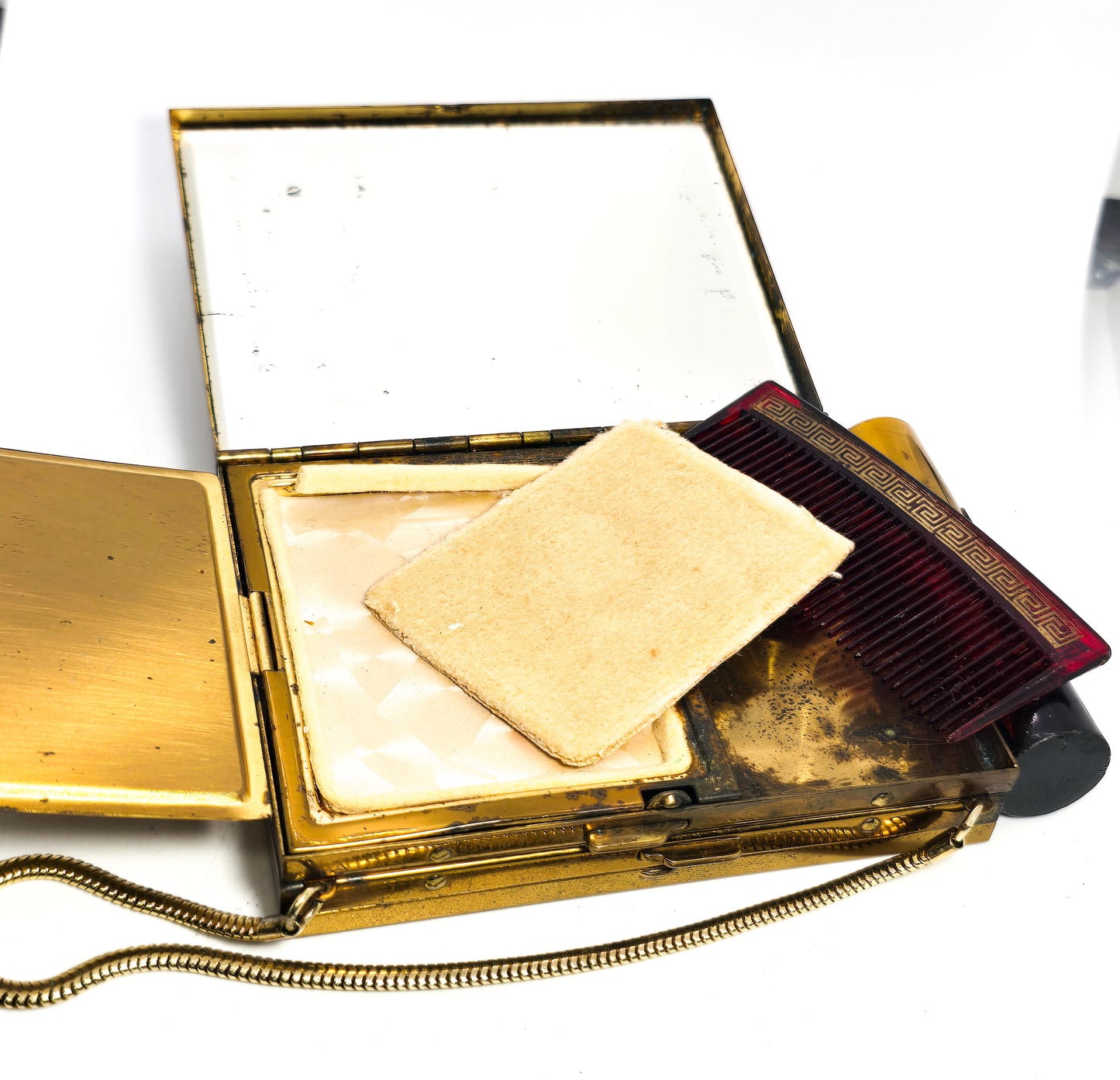 Gold toned Metal Makeup Compact, Cigarette Case, Lipstick Holder, Purse