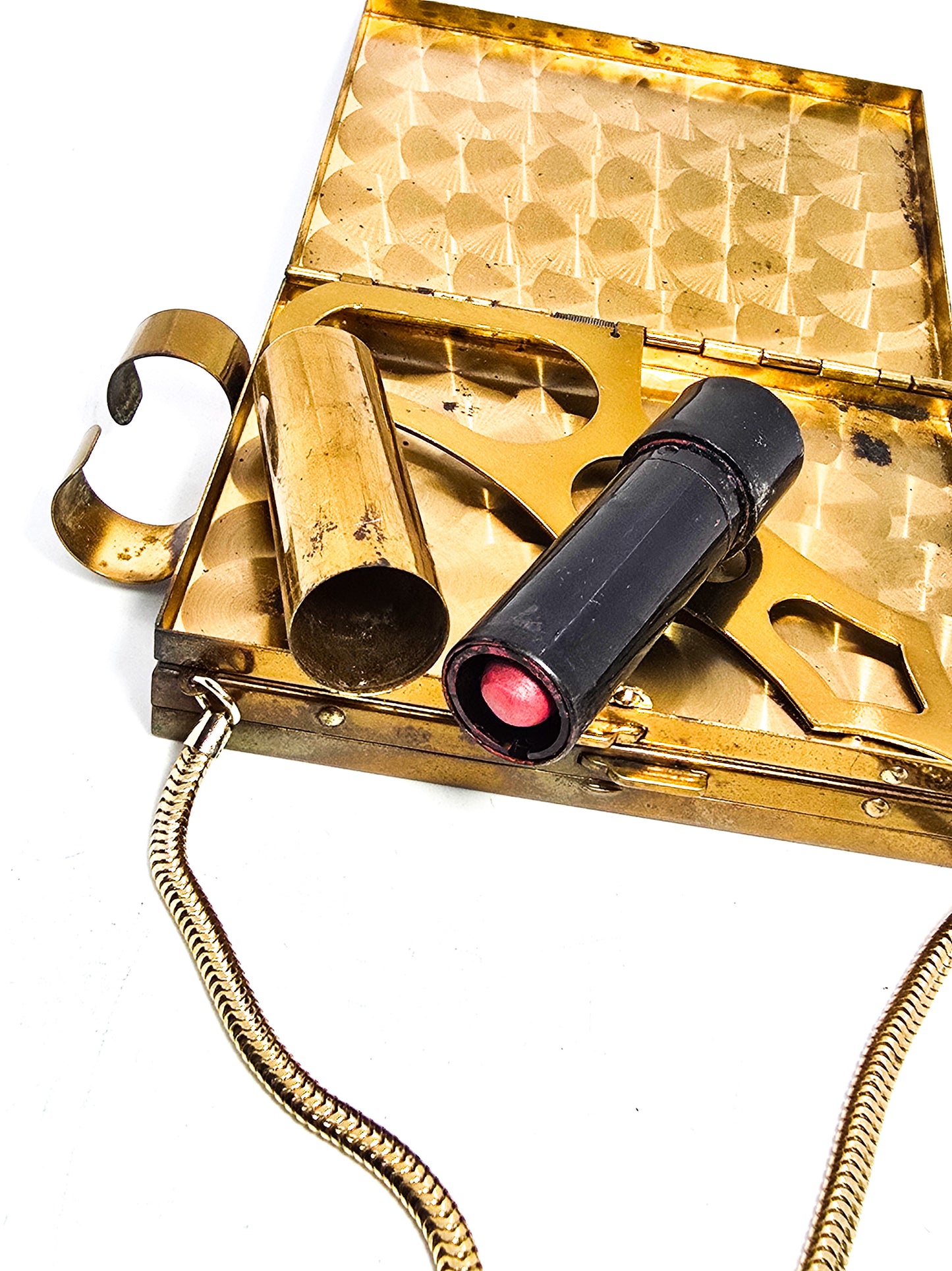 Gold toned Metal Makeup Compact, Cigarette Case, Lipstick Holder, Purse