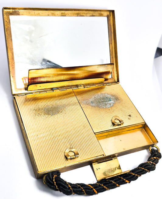 Brown Suede Gold toned Metal Makeup powder Compact, mirror Purse
