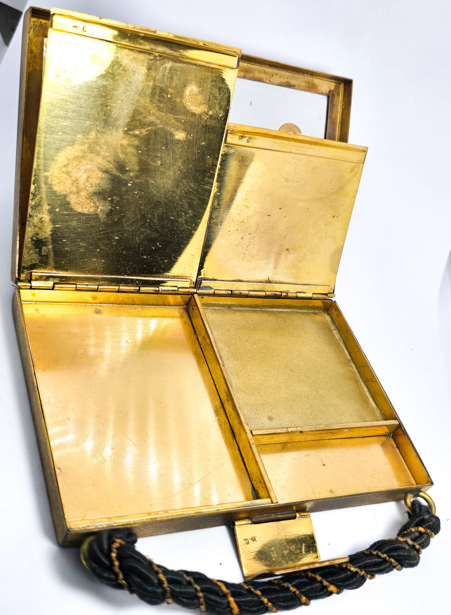 Brown Suede Gold toned Metal Makeup powder Compact, mirror Purse