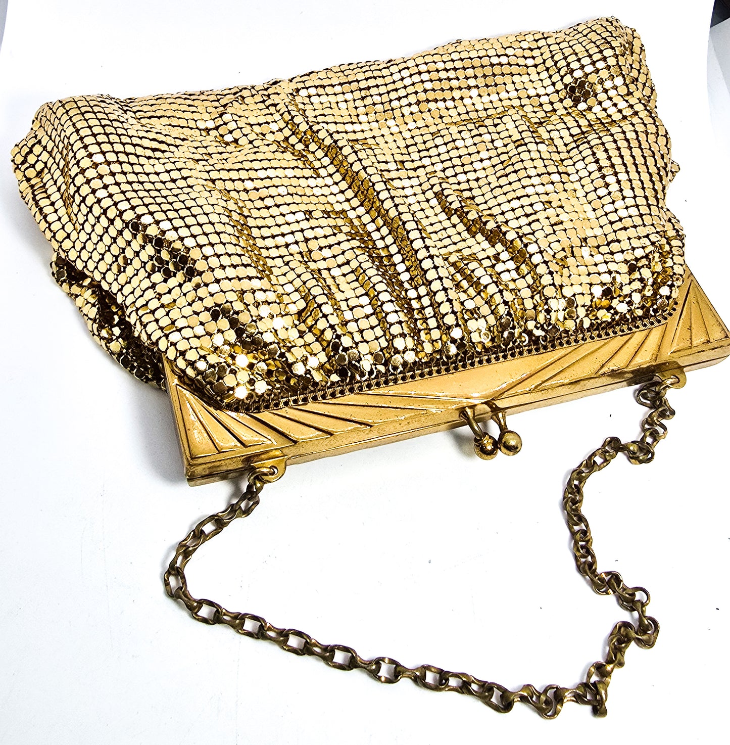 Whiting and Davis mid century vintage gold mesh metal clutch purse with strap