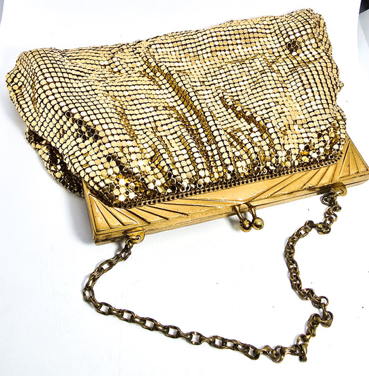 Whiting and Davis mid century vintage gold mesh metal clutch purse with strap
