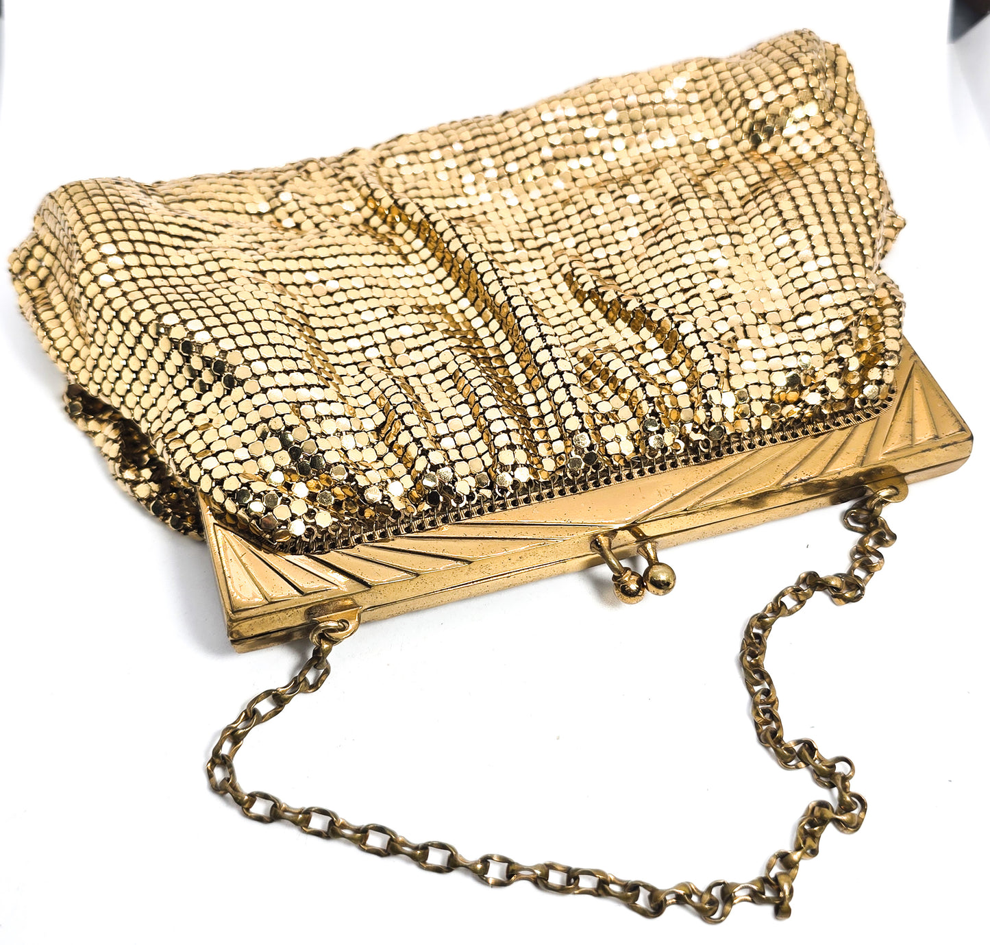 Whiting and Davis mid century vintage gold mesh metal clutch purse with strap
