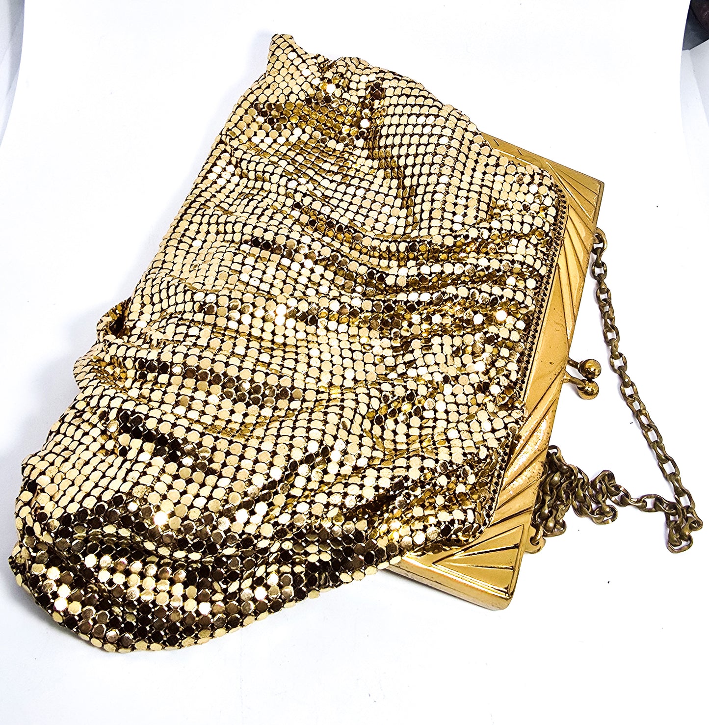 Whiting and Davis mid century vintage gold mesh metal clutch purse with strap