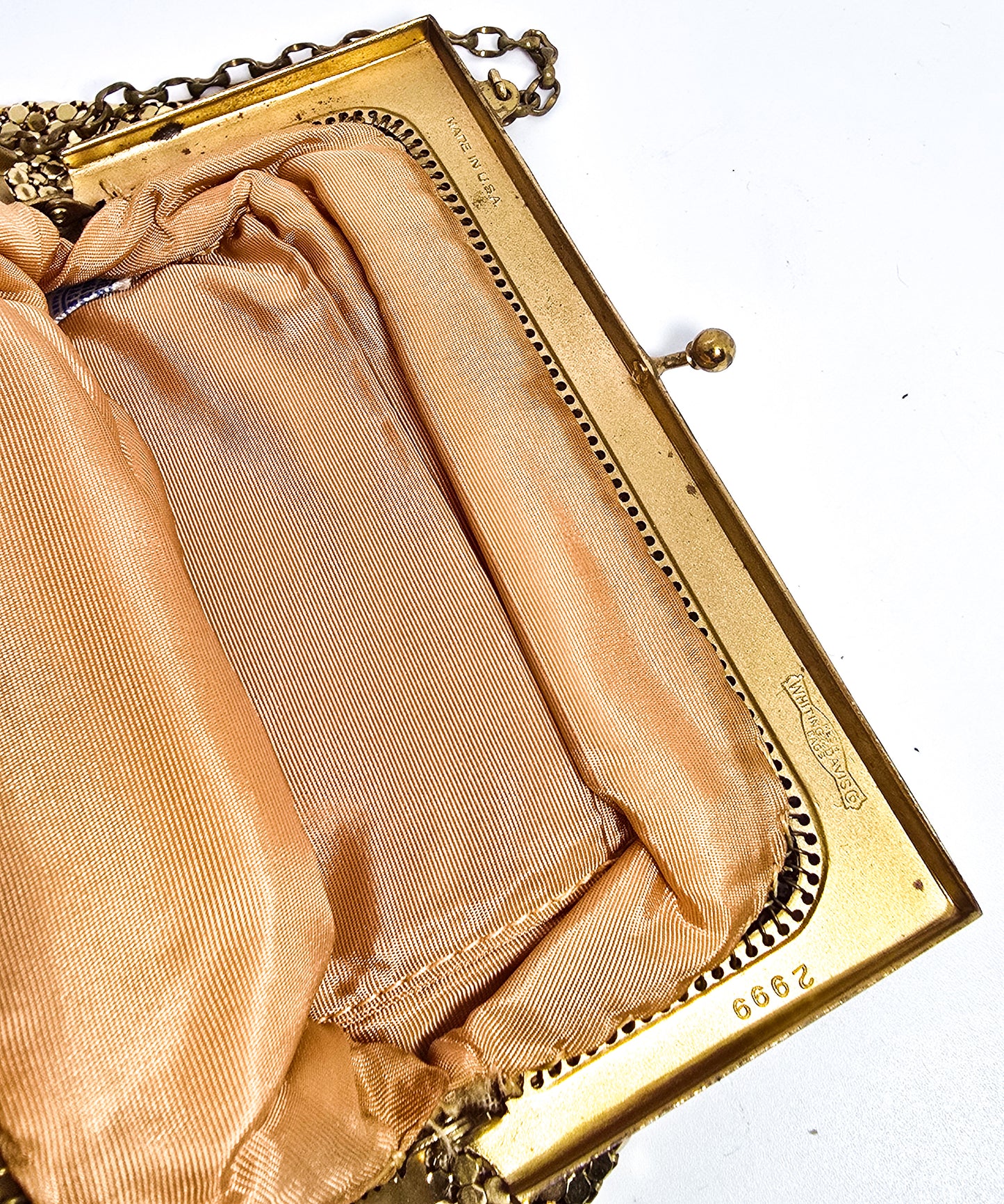 Whiting and Davis mid century vintage gold mesh metal clutch purse with strap