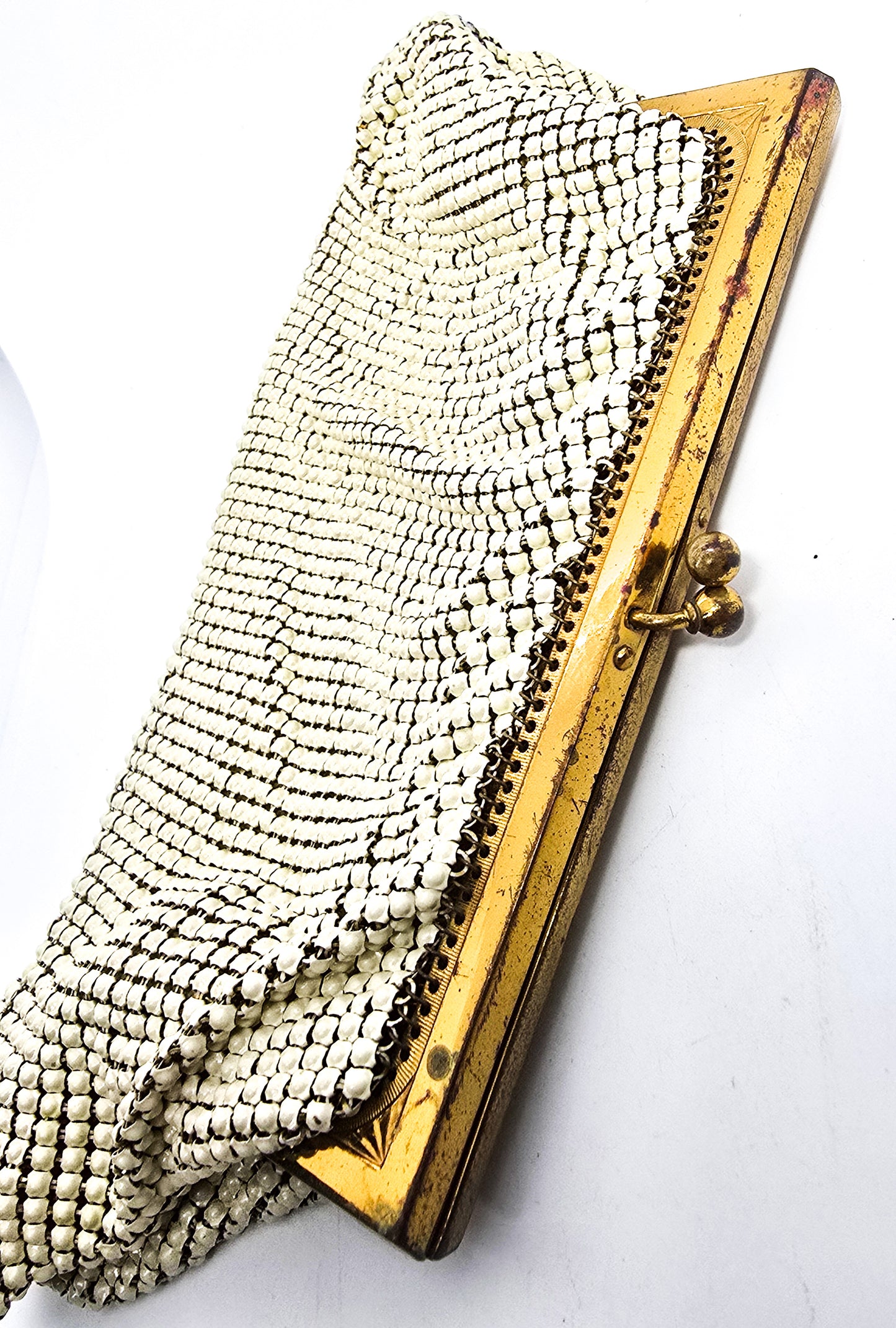 Whiting and Davis cream bubble metal mesh vintage silk lined  clutch purse