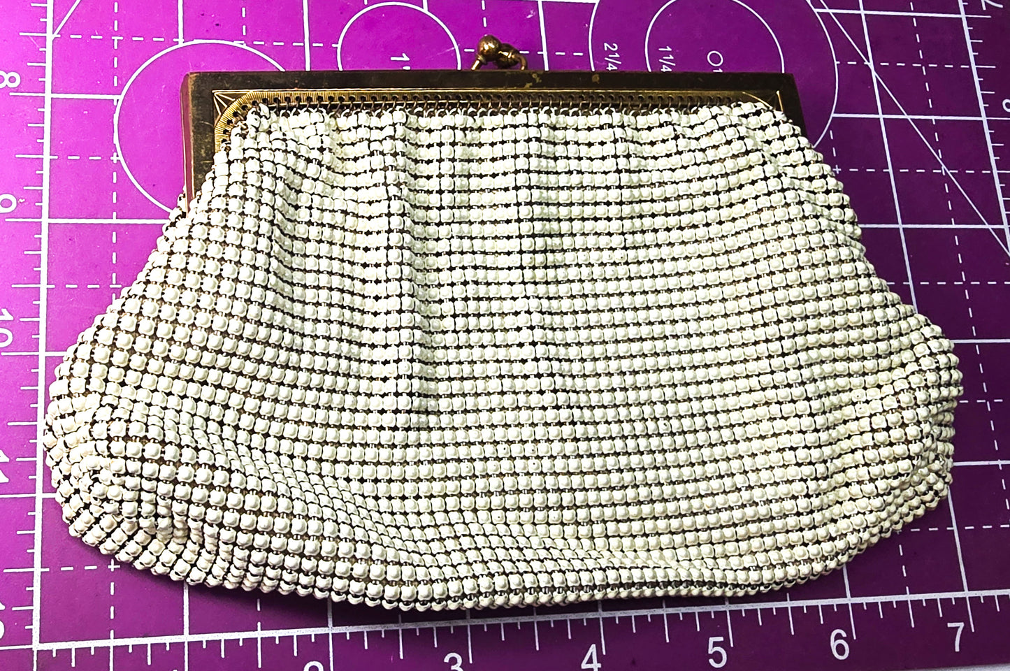 Whiting and Davis cream bubble metal mesh vintage silk lined  clutch purse