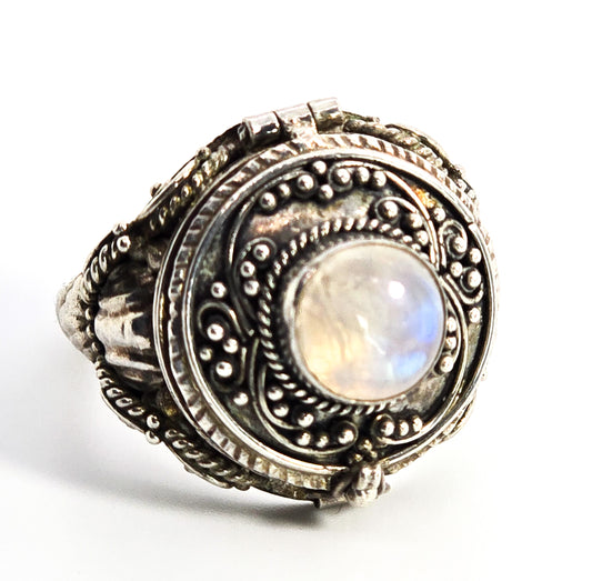 Blue Moonstone large Bali Balinese sterling silver vintage Poison ring size 9