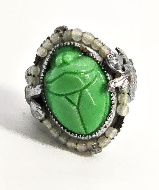 Uncas Art Deco Scarab seed pearl vintage sterling silver rhodium ring size 4