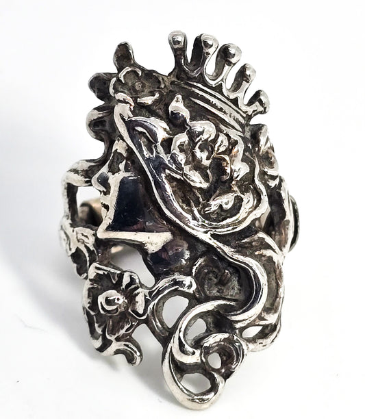 Art Nouveau style Crowned Princess nymph vintage sterling silver ring size 8.5