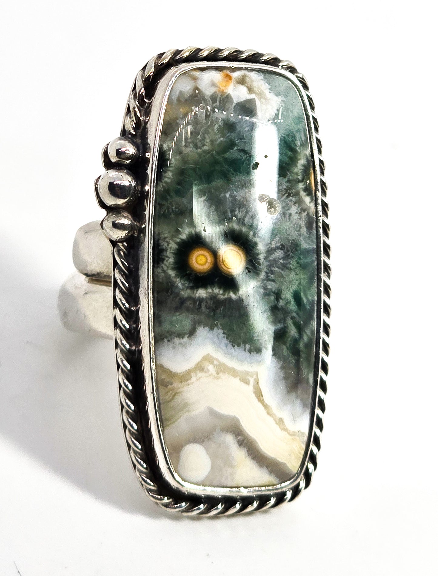 Ocean Jasper Large orbicular Solid sterling silver statement ring size 8