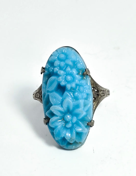 Art Deco baby blue glass flower rhodium plated antique ring size 9