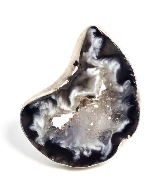SJ Crescent moon Geode black druzy gemstone large sterling silver ring size 7.5