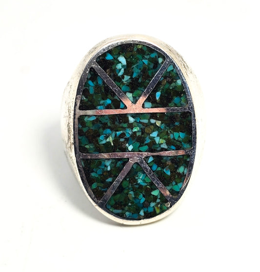 Old Pawn turquoise chip inlay Native American sterling silver vintage men's ring size 11