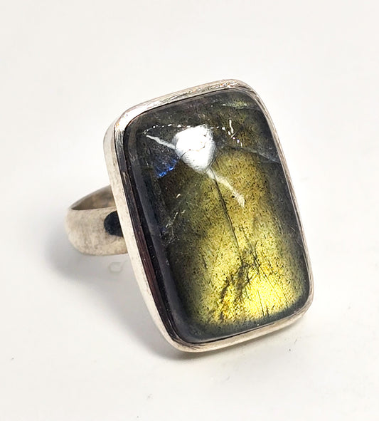 Rainbow Flashy Labradorite large gemstone sterling silver statement ring size 9