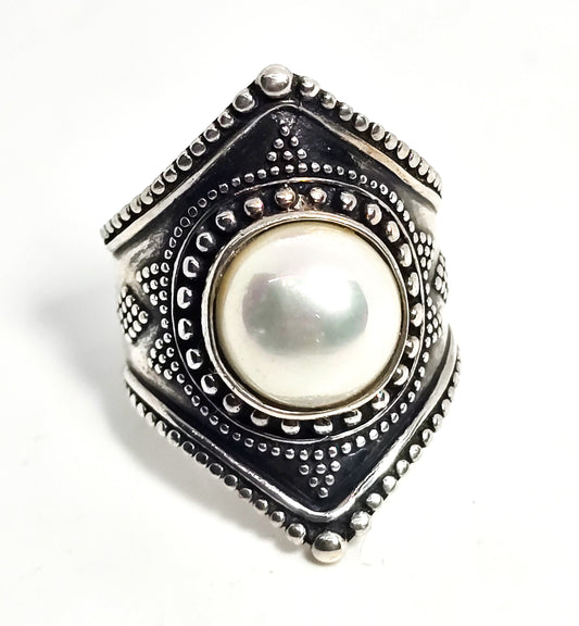 Felicia Design FD Sterling Silver 925 Large Bali White Pearl Ring Size 10