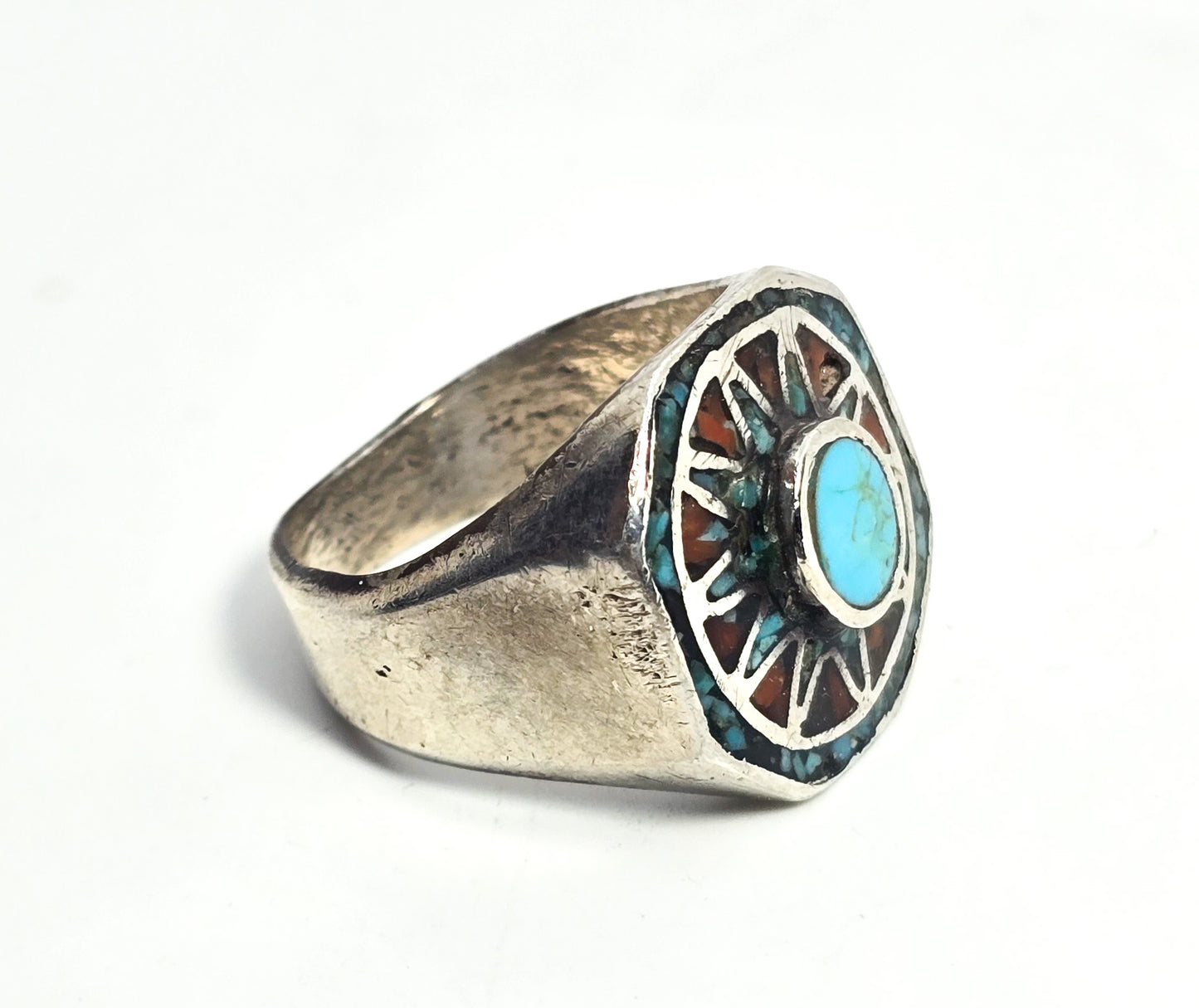 Old Pawn turquoise coral chip inlay Native American sterling silver vintage ring size 11