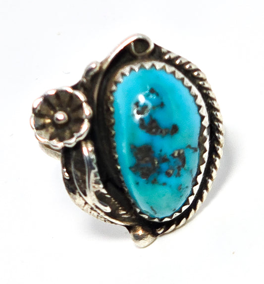 SC Turquoise Navajo Native American feather vintage sterling silver ring size 4.25