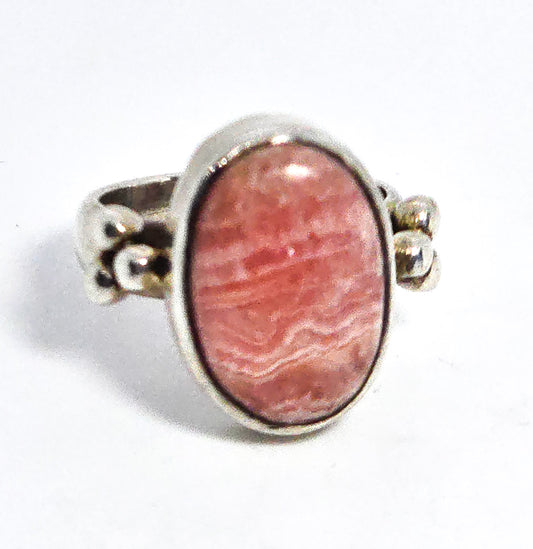 Rhodochrosite pink gemstone Bali Balinese vintage sterling silver ring size 6.5