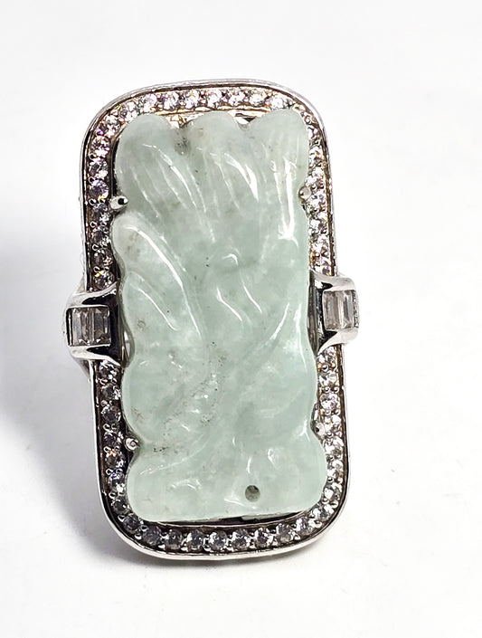 PAJ Carved Jade Dragon head Cubic Zirconia sterling silver filigree ring size 9