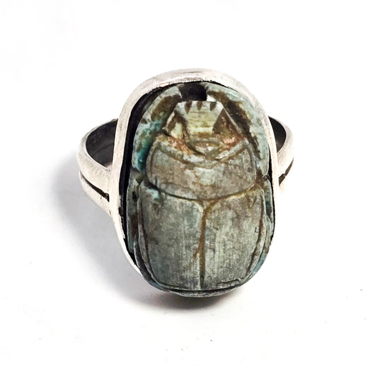 Egyptian Revival blue faience antique sterling silver Egyptian handcrafted ring size 8