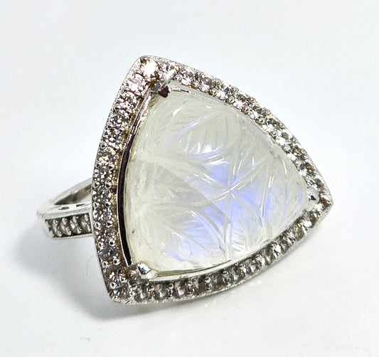 Carved moonstone flower large sterling silver rock quartz halo ring size 8.5