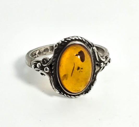 Baltic Amber vintage twisted rope halo swirled Polish sterling silver ring size 8